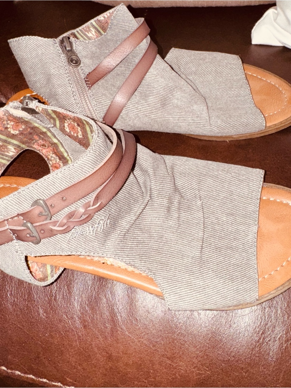 Blowfish Taupe Fabric Open-Toe Sandals with Brown Straps